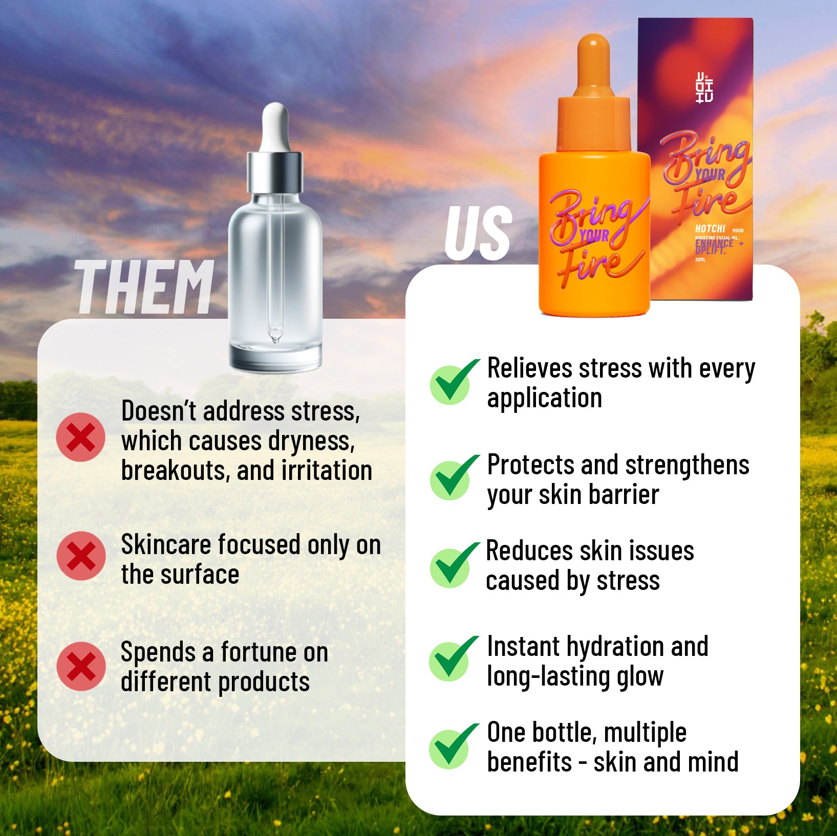 Comparison between generic skincare and HotChi’s Bring Your Fire Facial Oil, emphasizing benefits like anxiety reduction, calming effects, skin soothing, and mind-body relaxation in one bottle.
