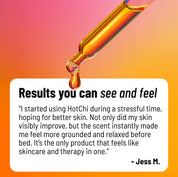 Glass dropper with liquid and a testimonial about HotChi on an orange and pink gradient background