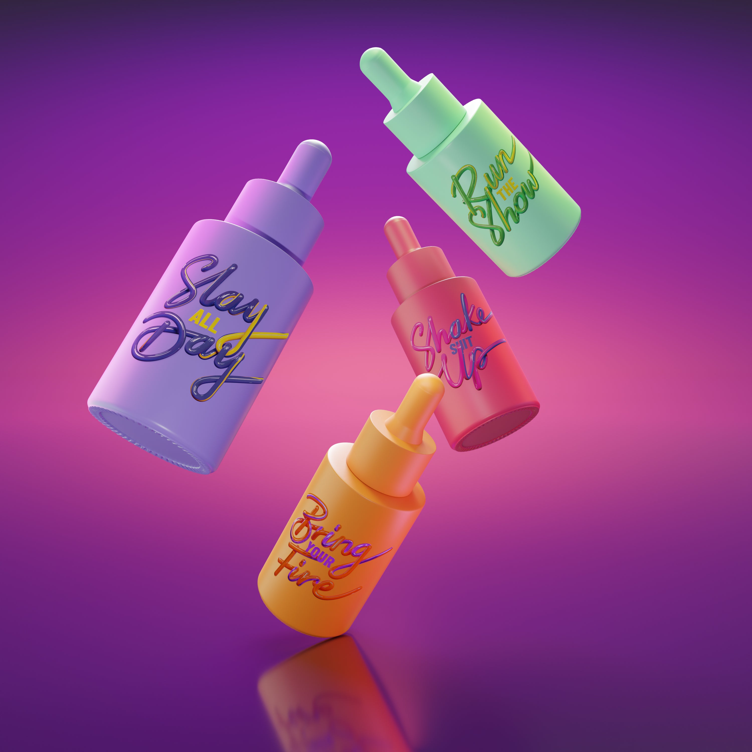 This image features a vibrant and colorful of a "4 Mood Boosting Facial Oils Bundle." The image showcases four distinct, stylized bottles, each representing a different mood-boosting oil with its own unique color and label.