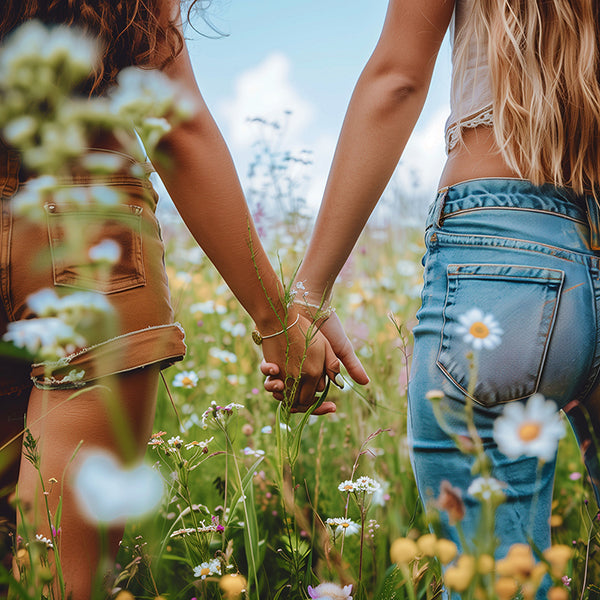 Girls on a field of flowers holding hands