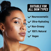 Smiling Black woman using HotChi facial oil, highlighting mood-boosting, hydrating, and skin barrier–strengthening benefits, with text ‘Suitable for all skin types’ on a blue background.