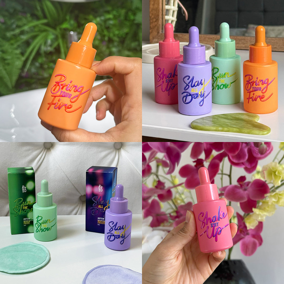 Full HotChi product lineup — neurocosmetic facial oils, and skincare essentials, designed to boost skin health, hydration, and wellbeing.