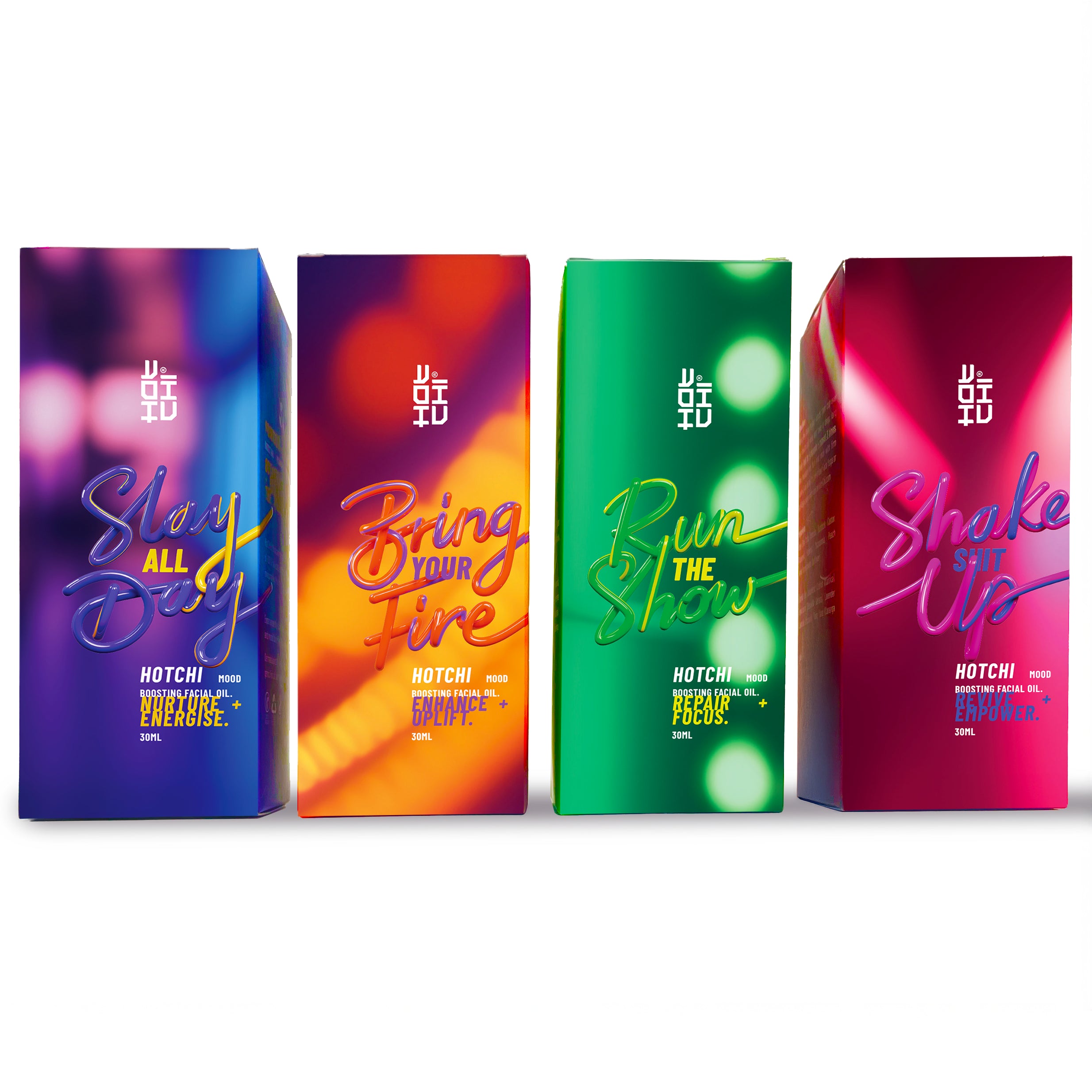 Full range of HotChi outer packaging — premium skincare product boxes and bottles, designed for gifting and showcasing neurocosmetic facial oils and bundles.