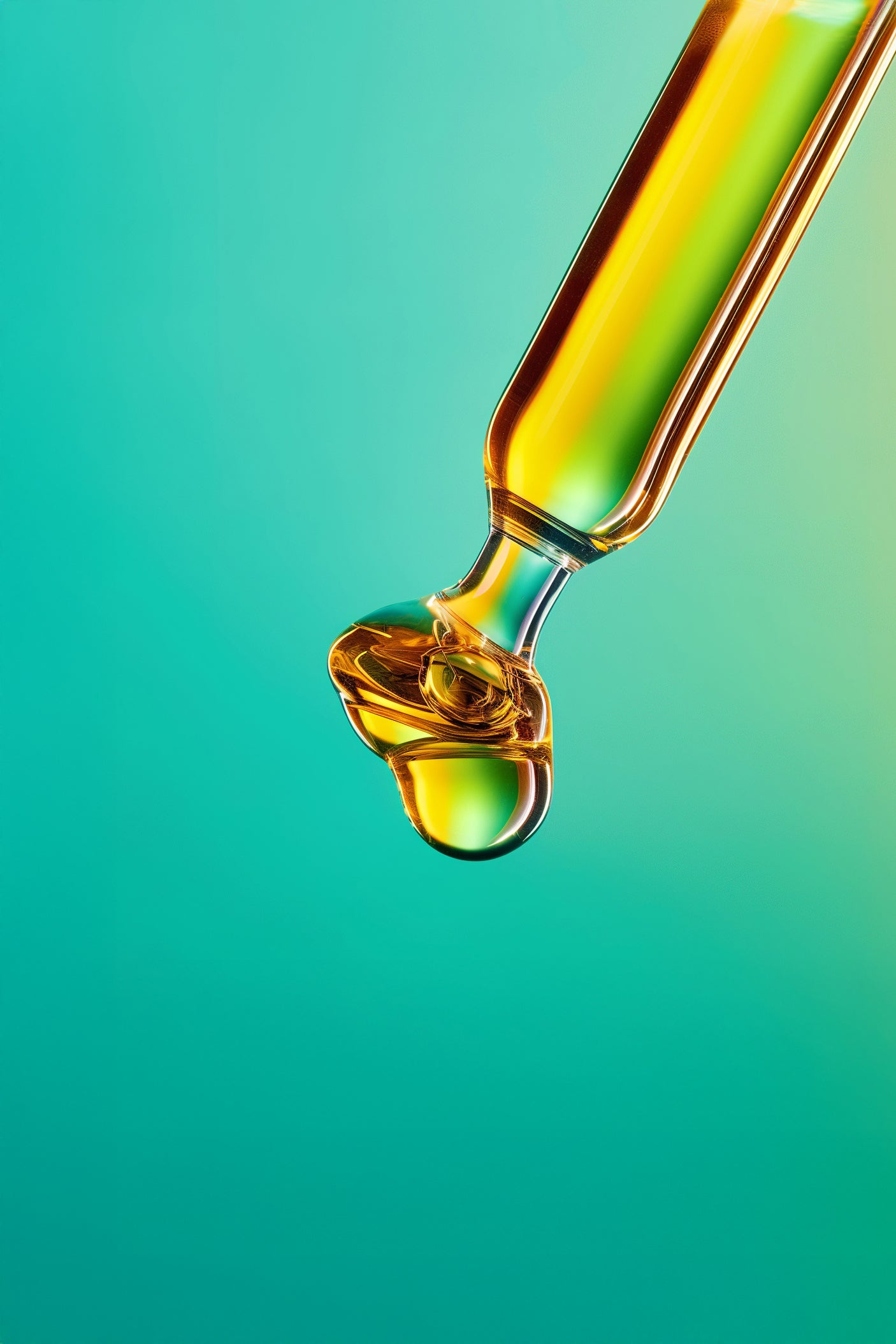 Close-up of a skincare dropper against a green and yellow background, with a fresh vibe.