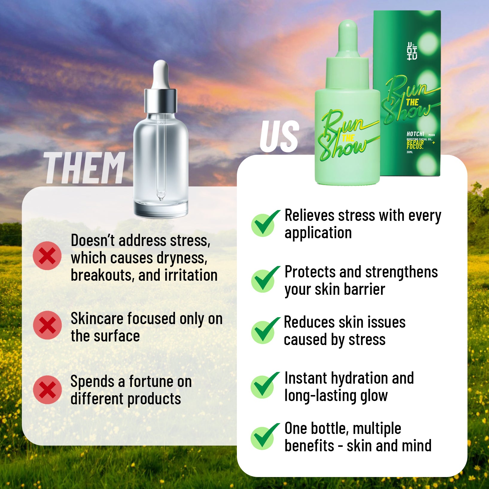 Comparison between generic skincare and HotChi’s Run The Show Facial Oil, showcasing its ability to enhance focus, improve clarity, reduce stress-related breakouts, and deliver a radiant, healthy complexion.