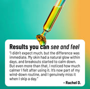 HotChi facial oils with text ‘Results You Can See and Feel’ and a review listing benefits such as hydration, glowing skin, strengthened skin barrier, and mood-boosting effects.