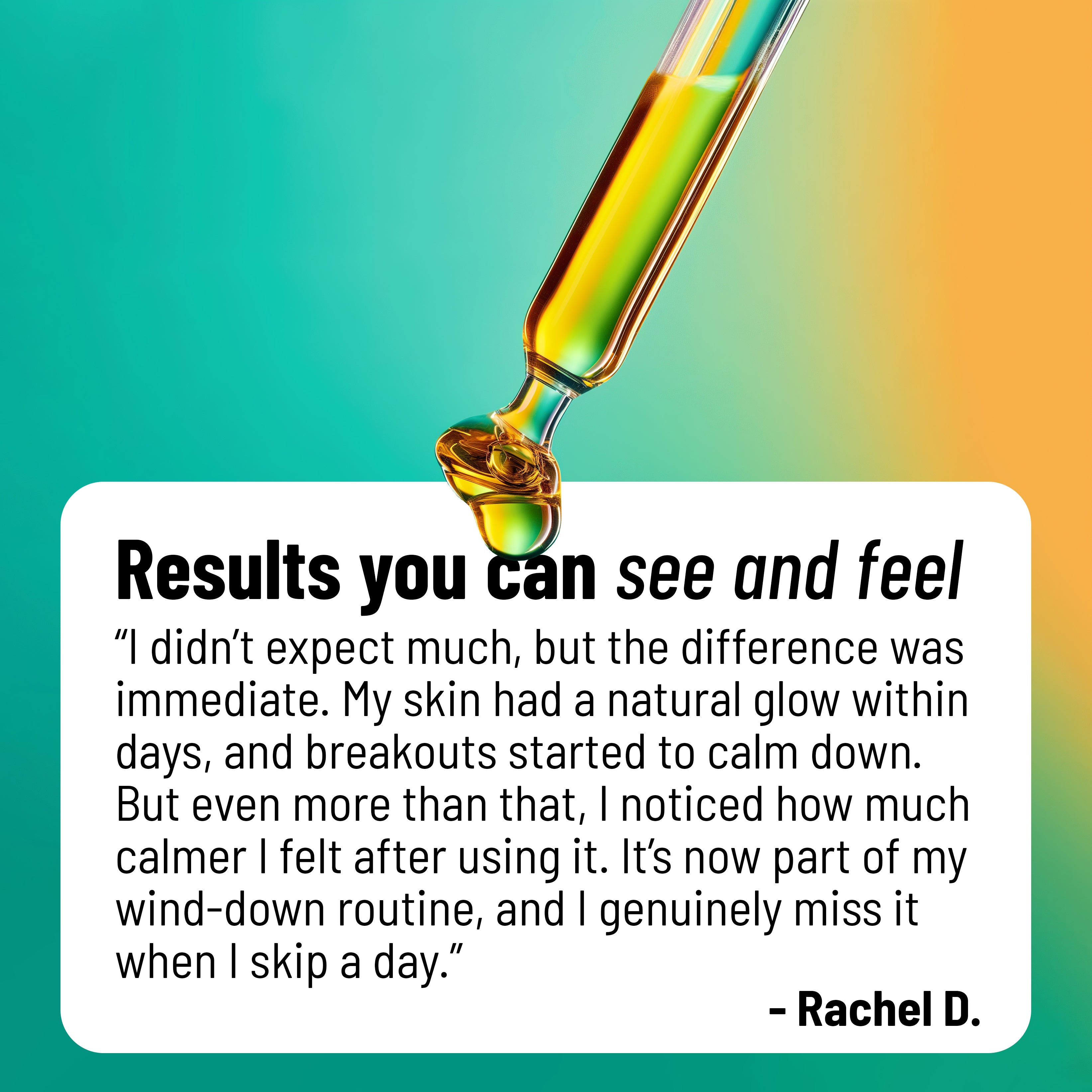 HotChi facial oils with text ‘Results You Can See and Feel’ and a review listing benefits such as hydration, glowing skin, strengthened skin barrier, and mood-boosting effects.