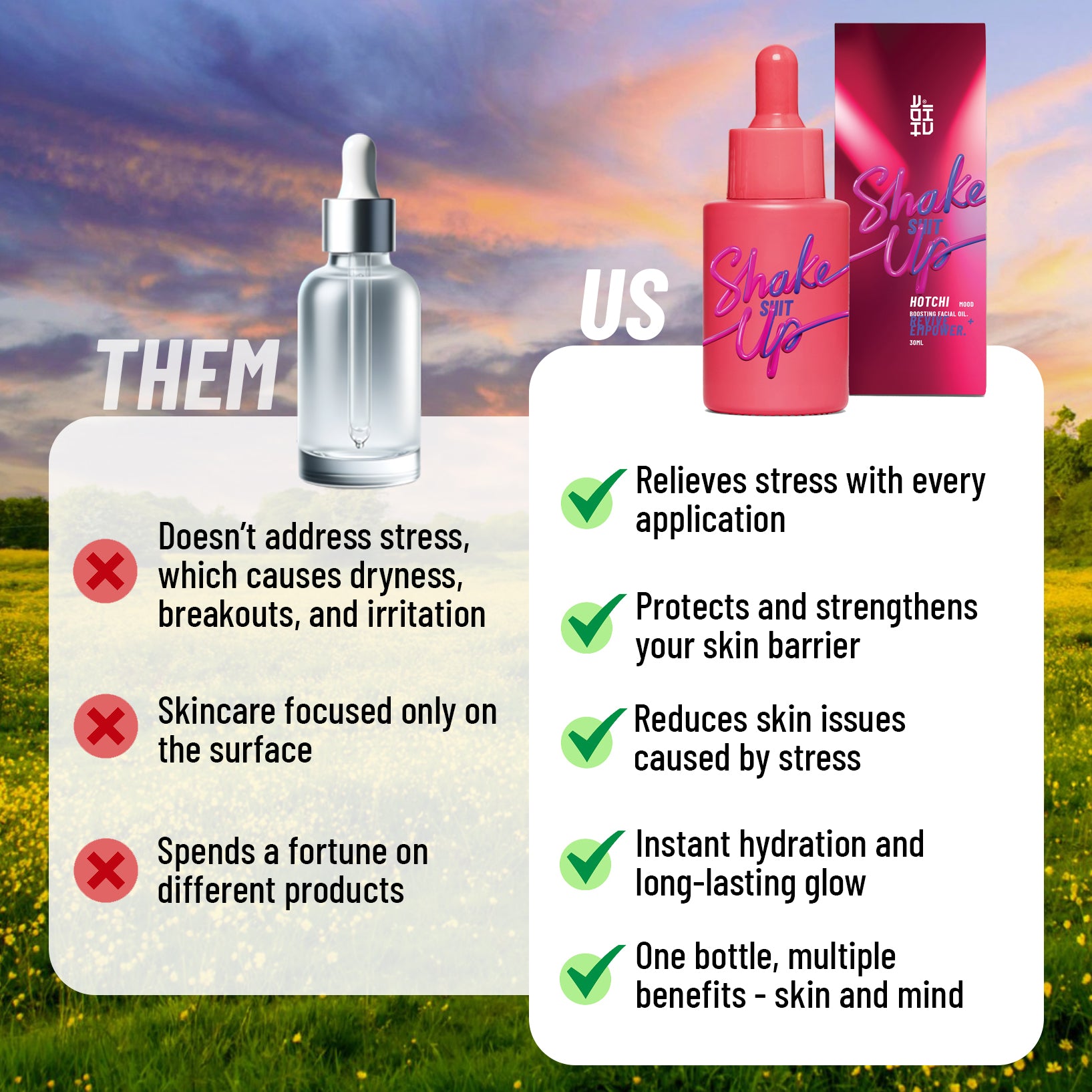Comparison between generic skincare and HotChi’s Shake It Up Facial Oil, highlighting Shake It Up’s stress-relieving, skin-strengthening, and glow-boosting benefits for both skin and mind.