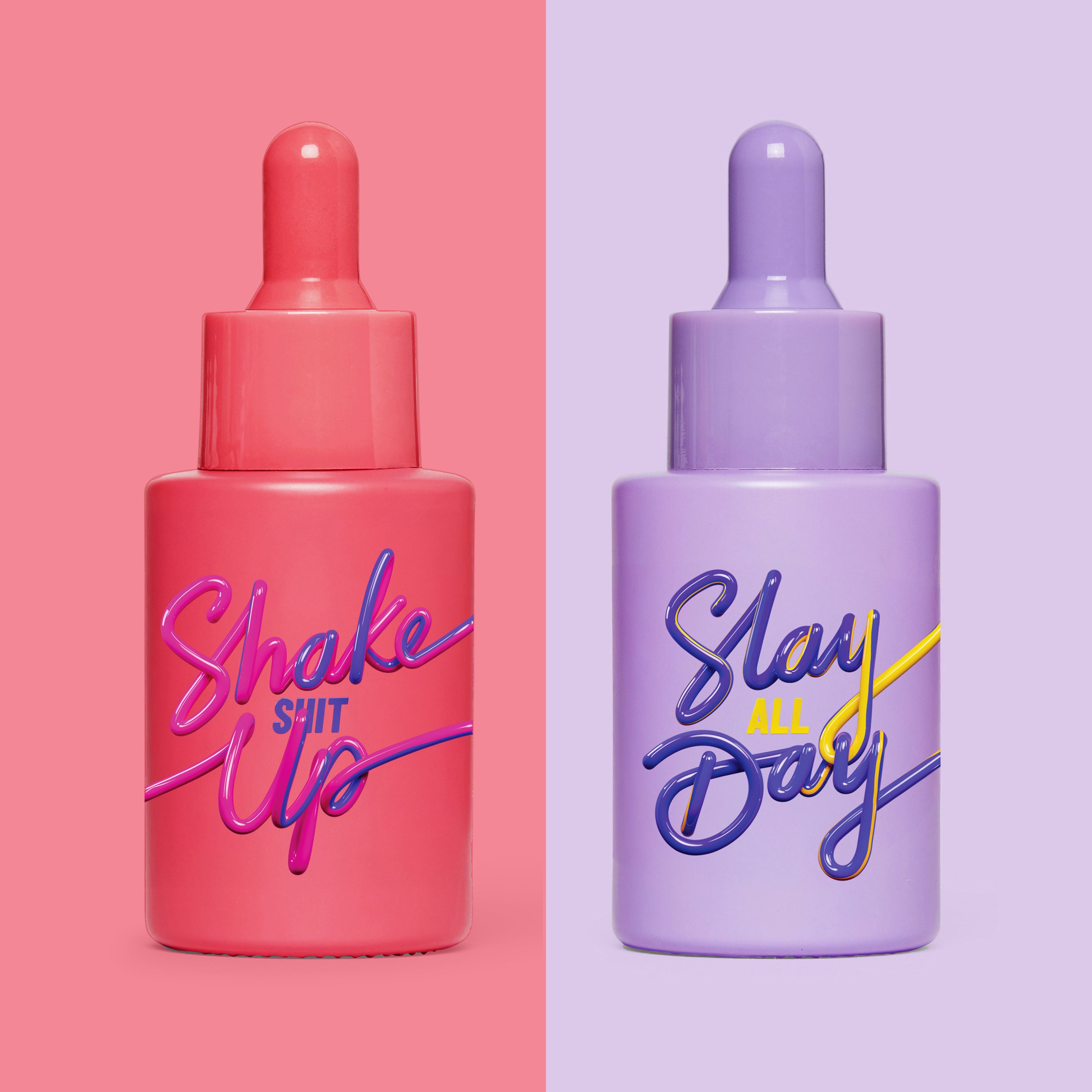 Bundle of Shake It Up and Slay All Day facial oils from HotChi, featuring two luxurious glass bottles with glowing skin oils side by side.