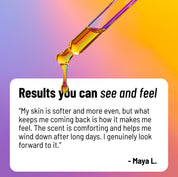 Oil dropper with yellow liquid on a colorful gradient background, featuring a review quote from Maya L.