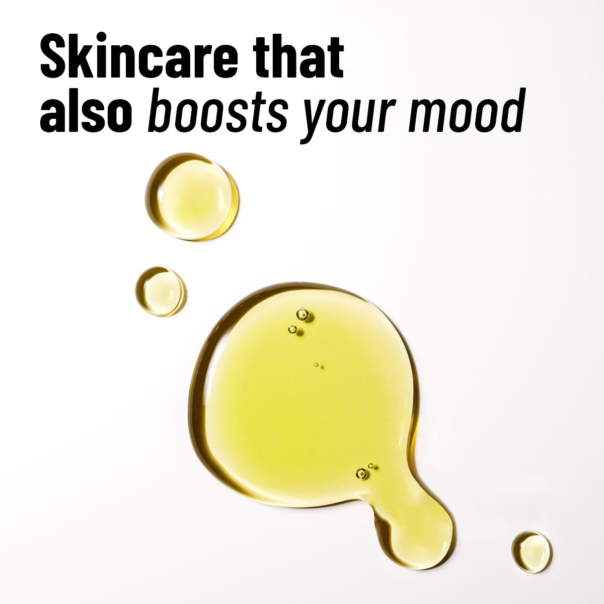 Yellow facial oil with text 'Skincare that also boosts your mood' on a white background