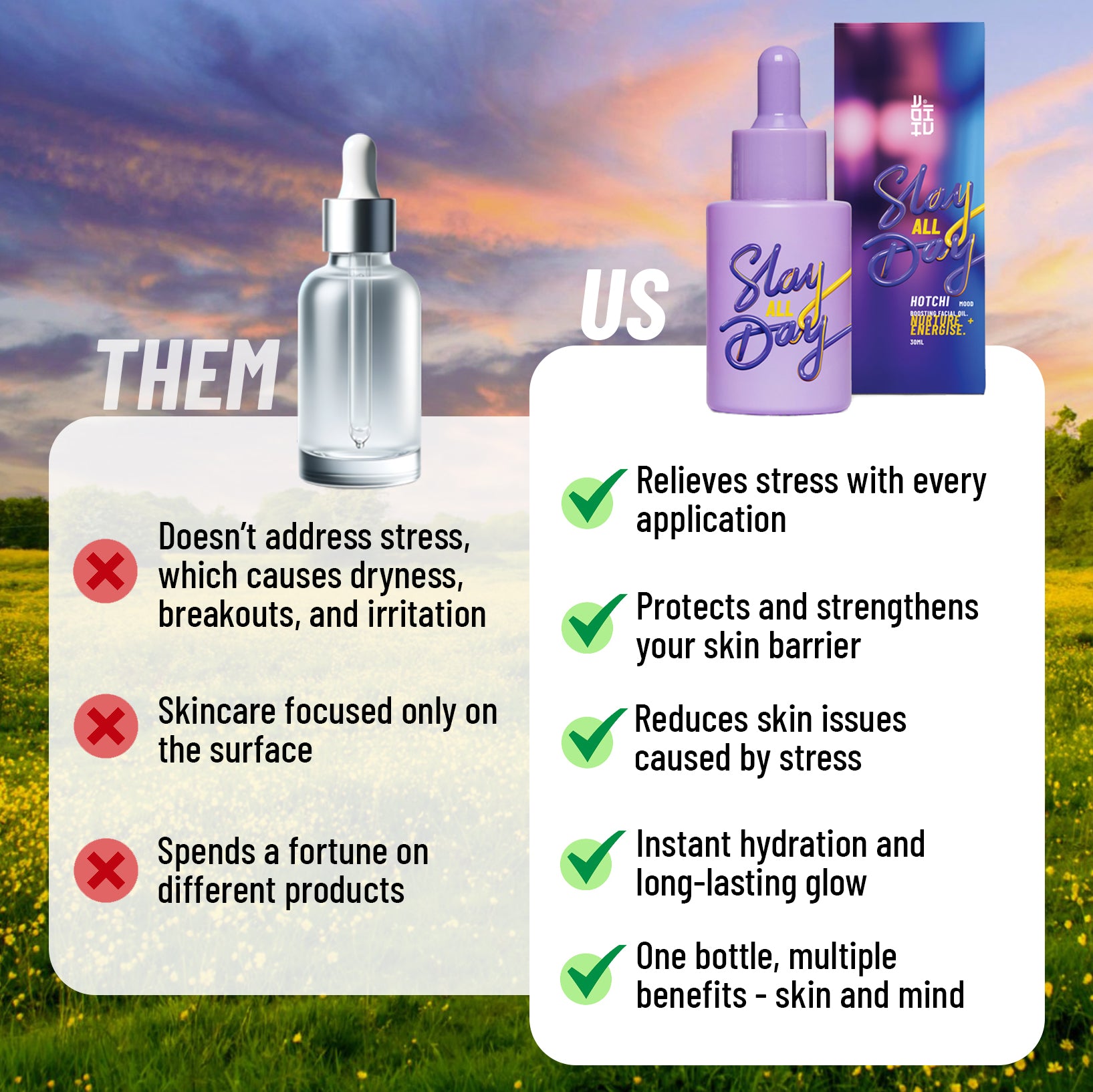 Comparison between generic skincare and HotChi’s Slay All Day Facial Oil, highlighting emotional strength, resilience, skin barrier protection, and long-lasting hydration in a single formula.