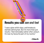 Dropper with a drop of liquid against a colorful gradient background with a review quote from Chloe N.