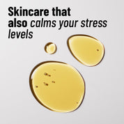 Yellow skincare product with text 'Skincare that also calms your stress levels' on a light gray background