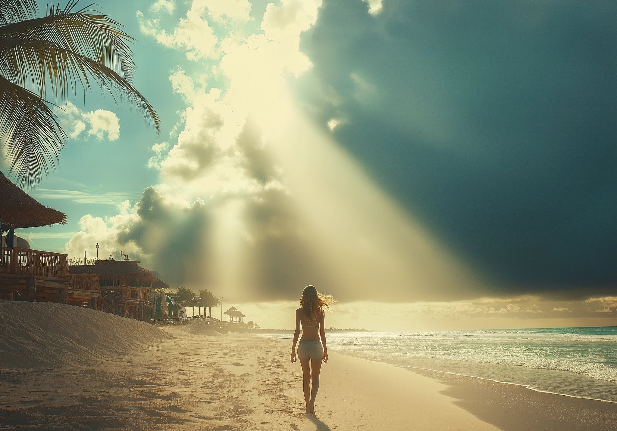 Woman walking on a beach trying to align her Chi