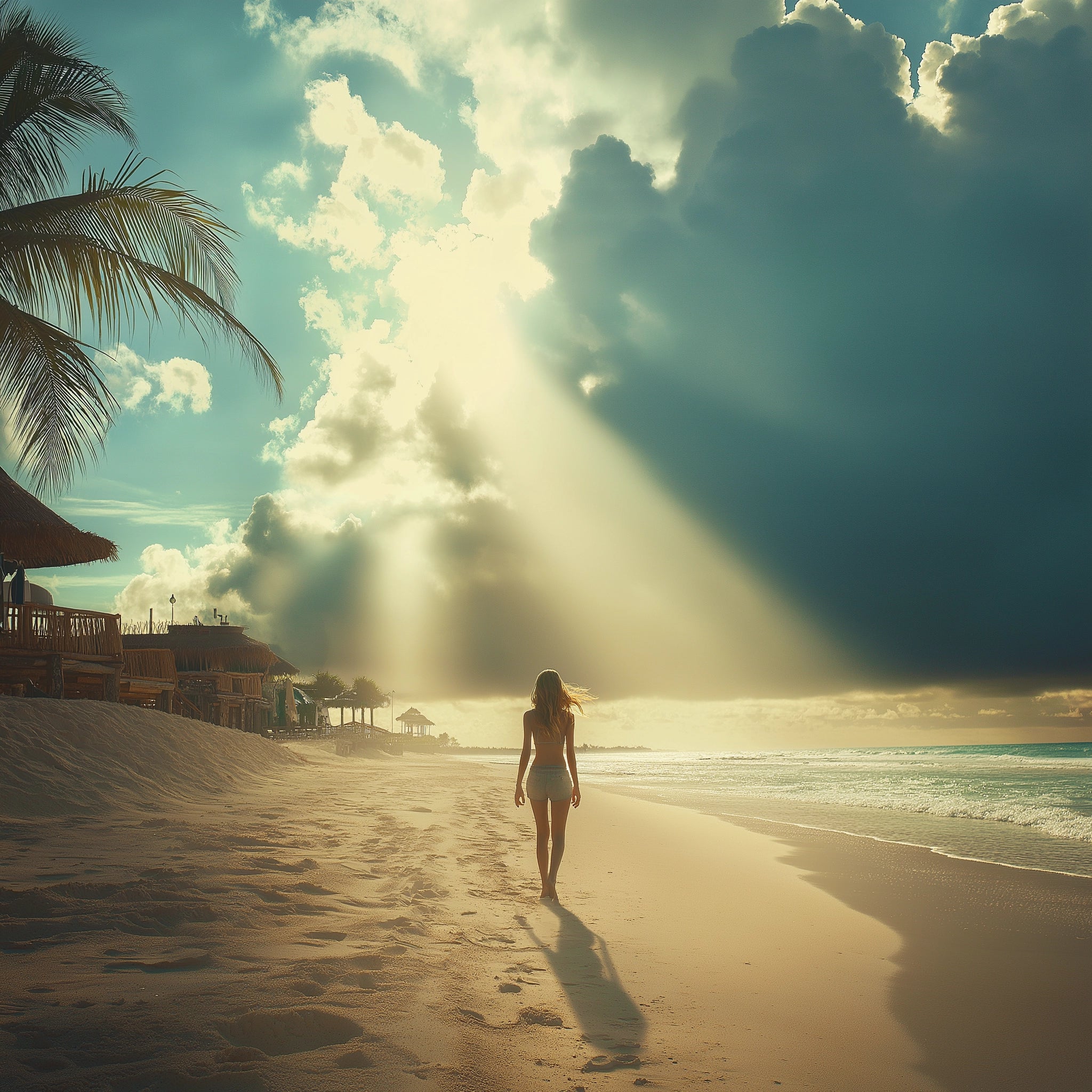 Woman walking on a beach trying to align her Chi