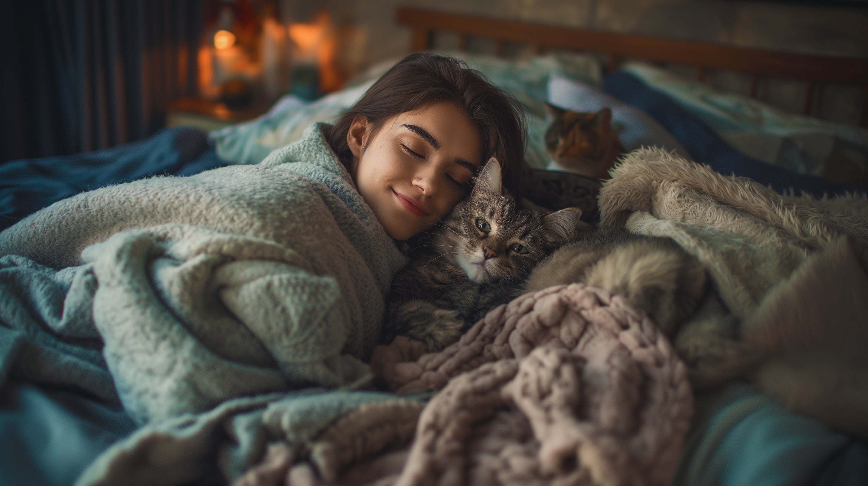 Woman sleeping with a cat in her bed