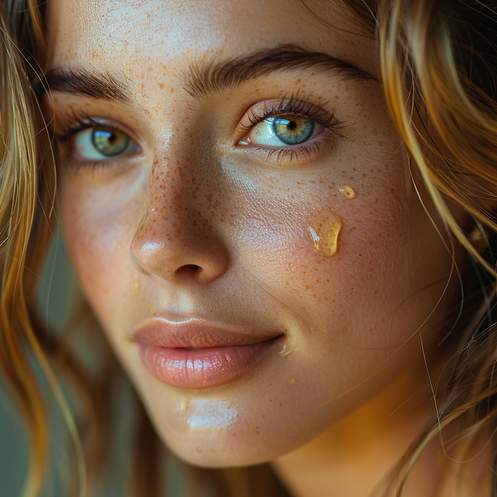 Beautiful woman with facial oil on her face