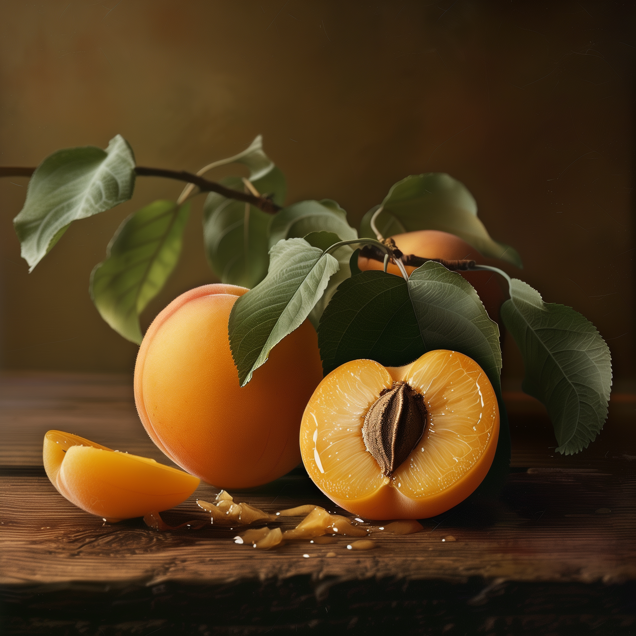 Apricots with leaves on a wood table