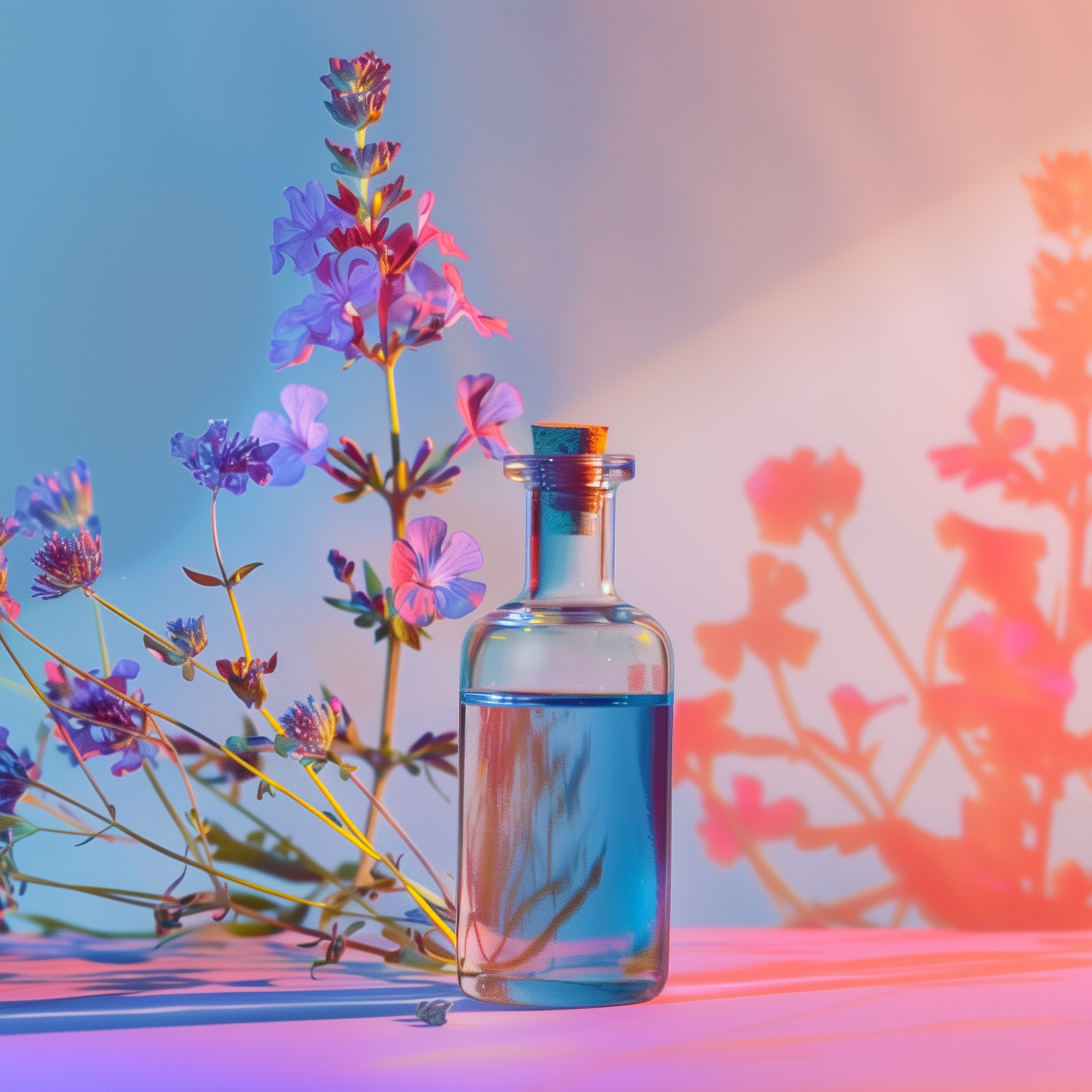 Facial Oil Bottle with flowers around it