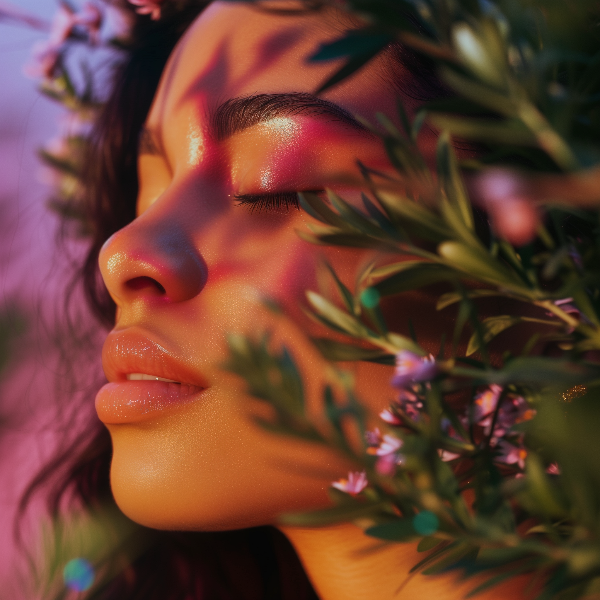 Beautiful woman closing her eyes and smelling plants