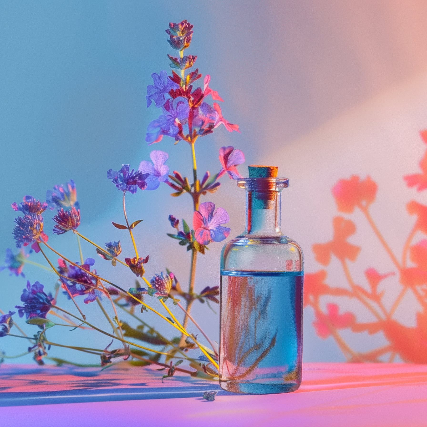 HotChi facial oil bottle surrounded by vibrant flowers and plants, showcasing natural ingredients for nighttime skin repair and rejuvenation.