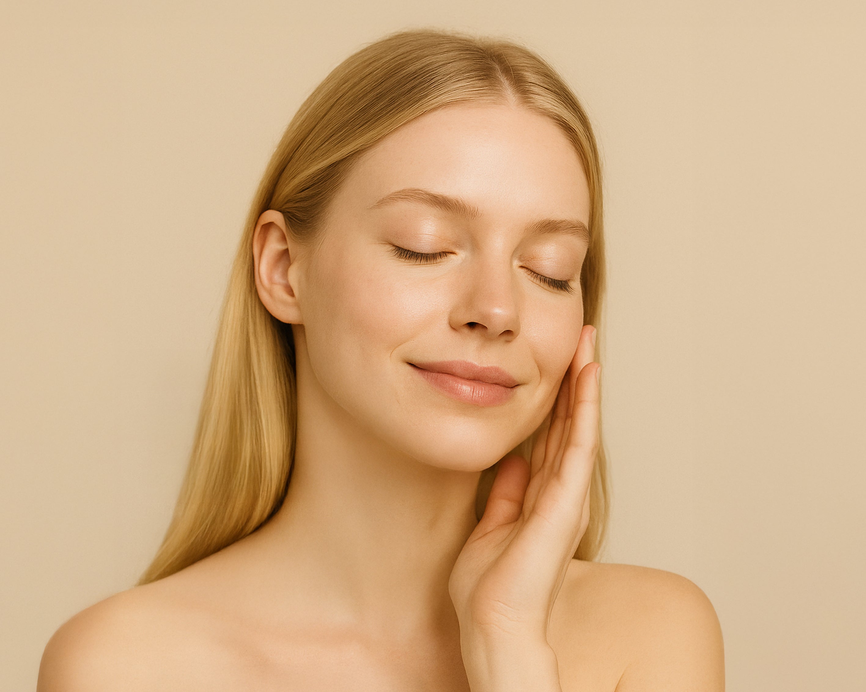 Blonde woman with perfect skin after using HotChi Skincare