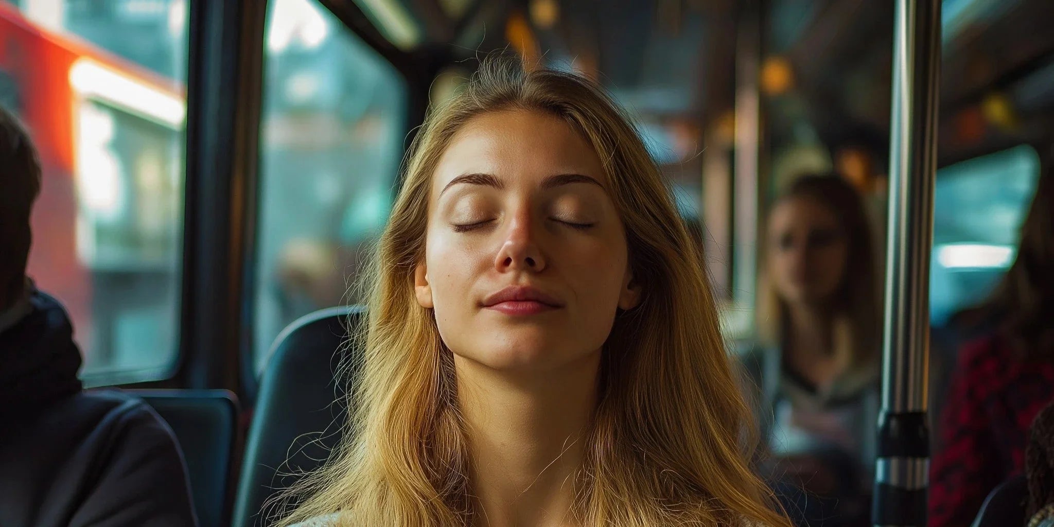 Woman in a bus with her eyes closed doing meditation