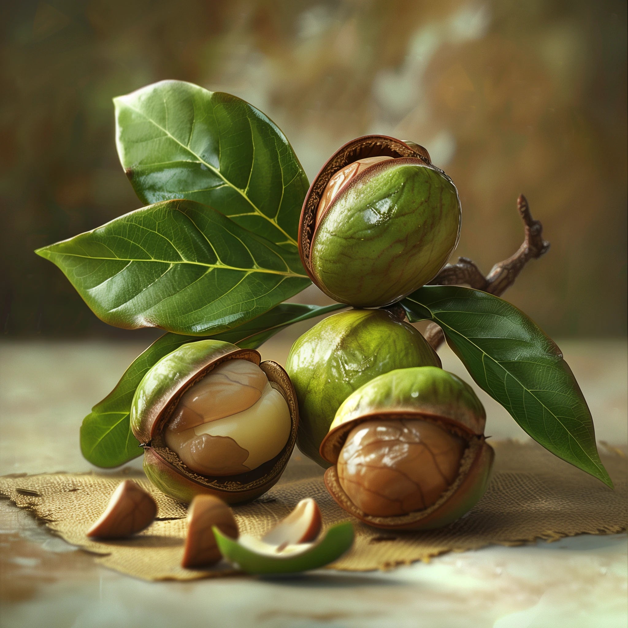 Four macadamia with leaves around