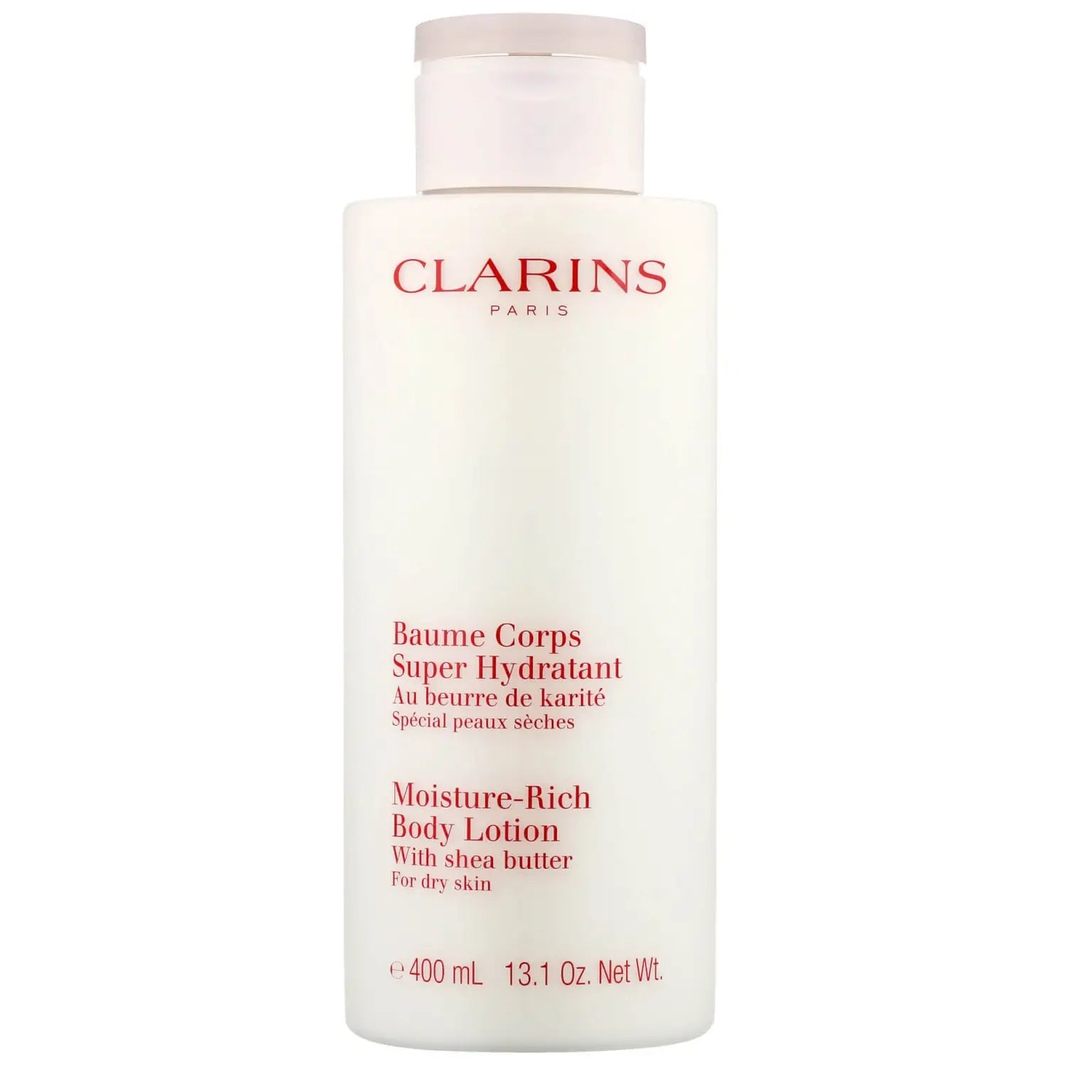 A 400 mL white bottle of Clarins Paris Baume Corps Super Hydratant body lotion with red text, shown on a plain white background.