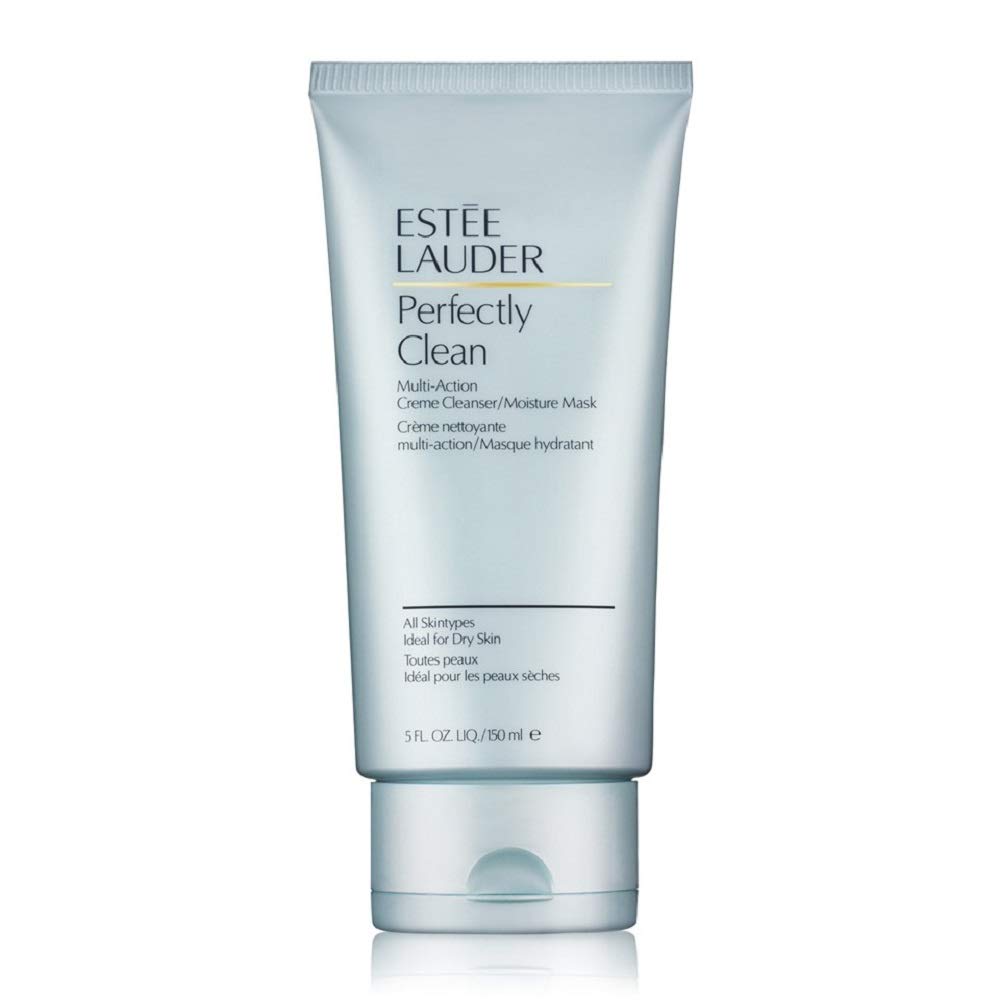 Estée Lauder Perfectly Clean Multi-Action Cleanser in a 5 fl oz squeeze tube, shown on a clean white background with a subtle reflection.