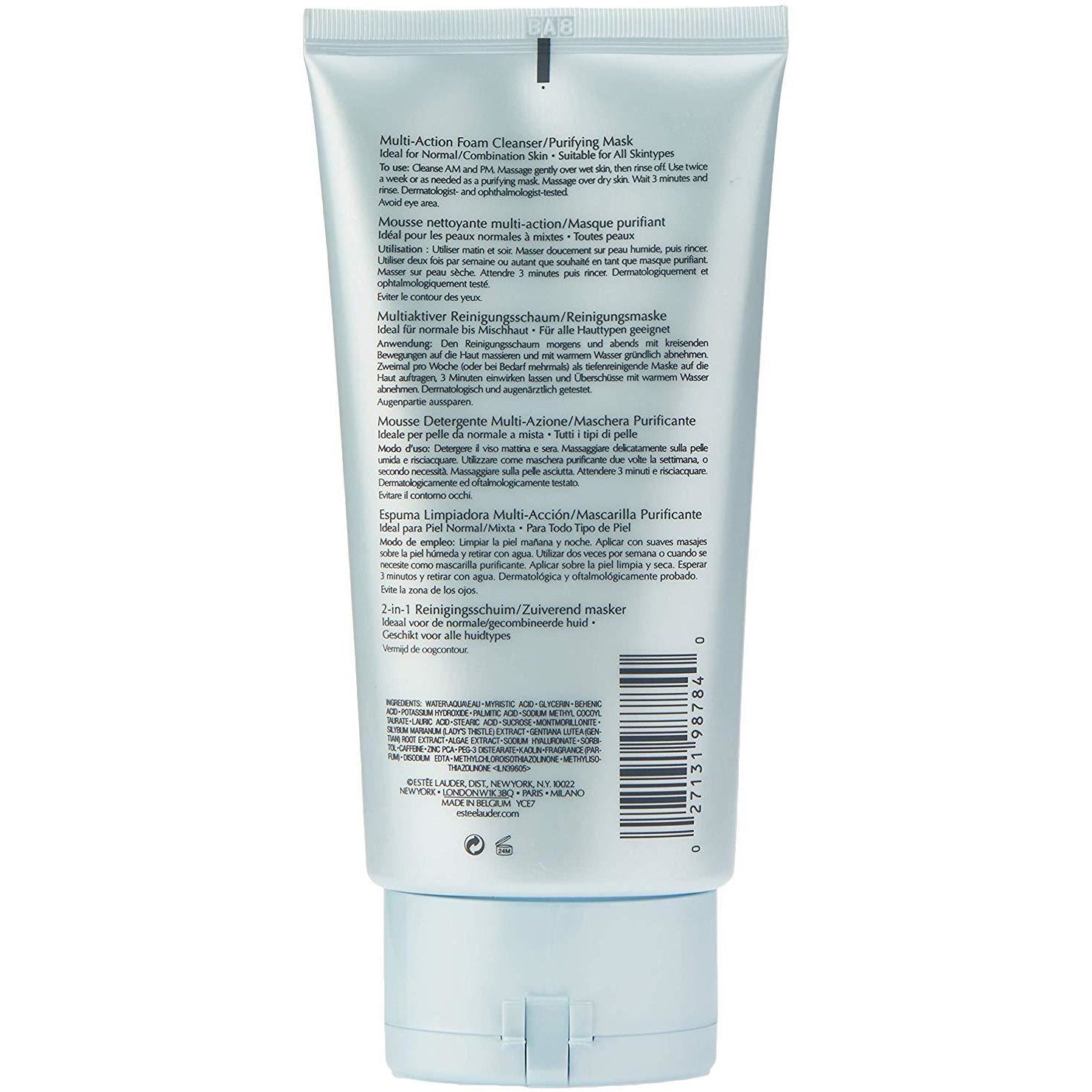 A single tube of Multi-Action Foam Cleanser Purifying Mask shown from the back on a plain white background. The tube is light blue with black text and a white flip-top cap.