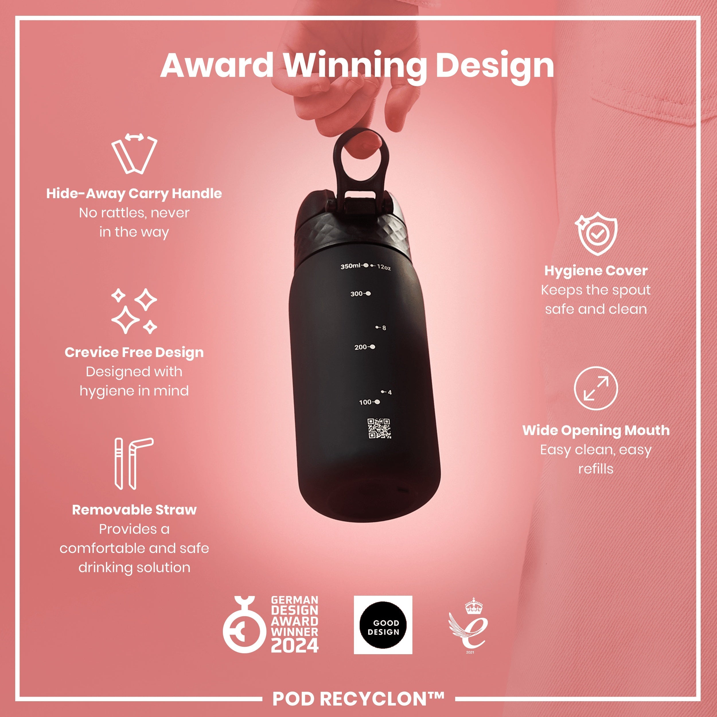 Leak Proof Small Water Bottle With Straw, Recyclon, Black, 350ml (12oz)