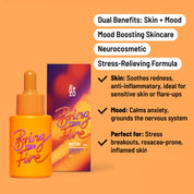 Bring Your Fire Facial Oil bottle next to its box, with benefits displayed on the side like anxiety relief, calmness, and emotional balance.