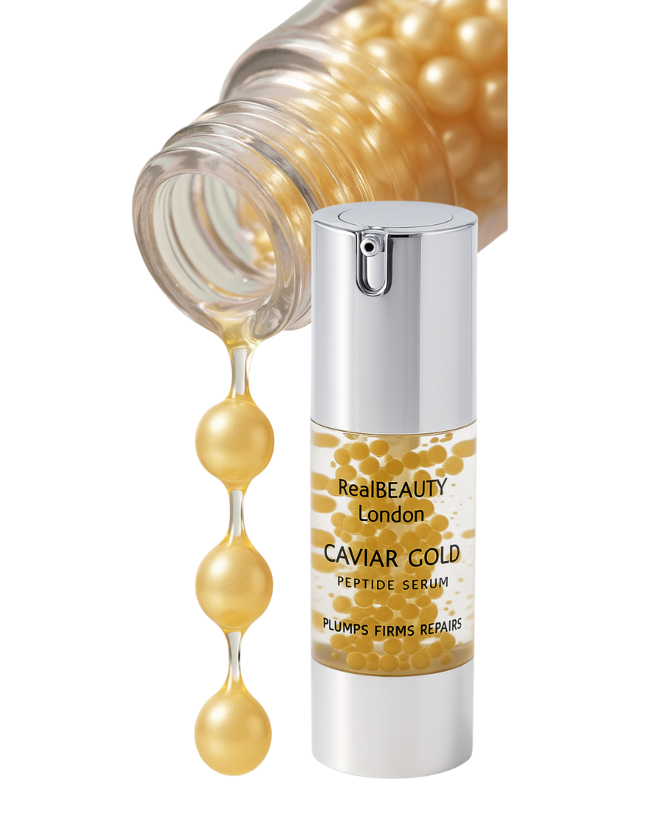RealBeauty London Caviar Gold Peptide Serum with droplets on a white background