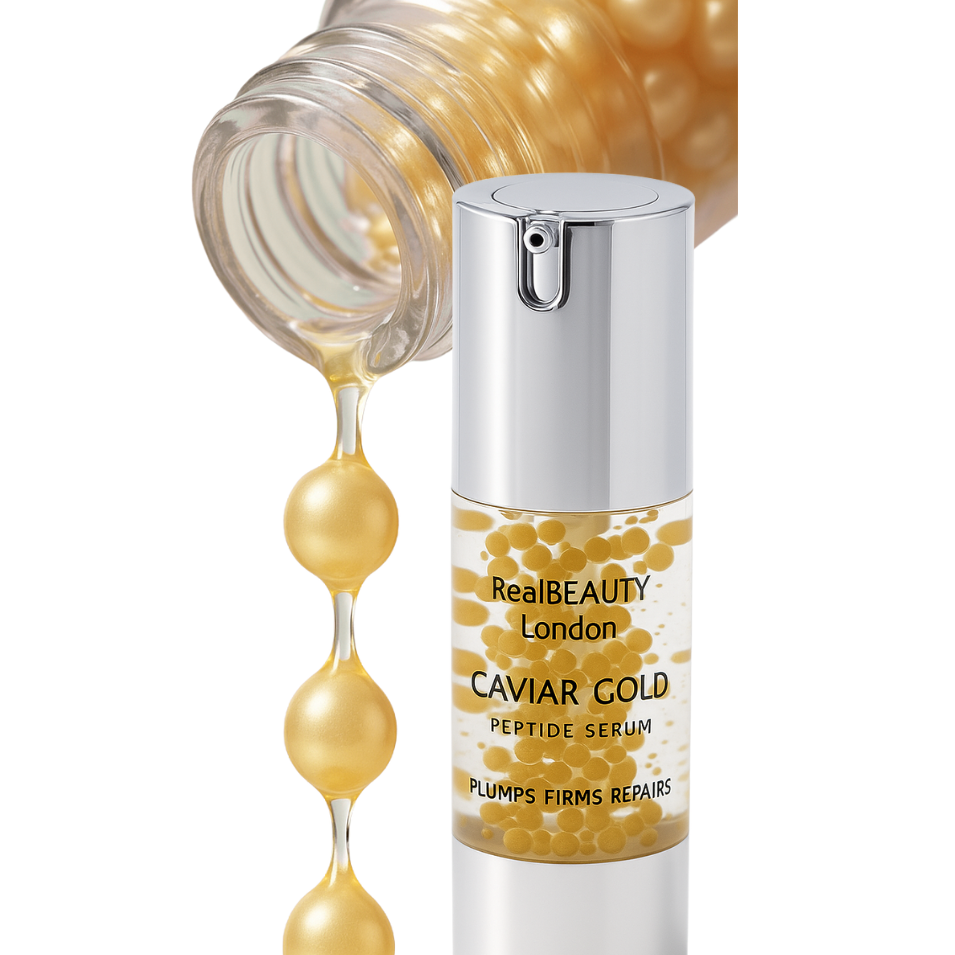 RealBeauty London Caviar Gold Peptide Serum with droplets on a white background