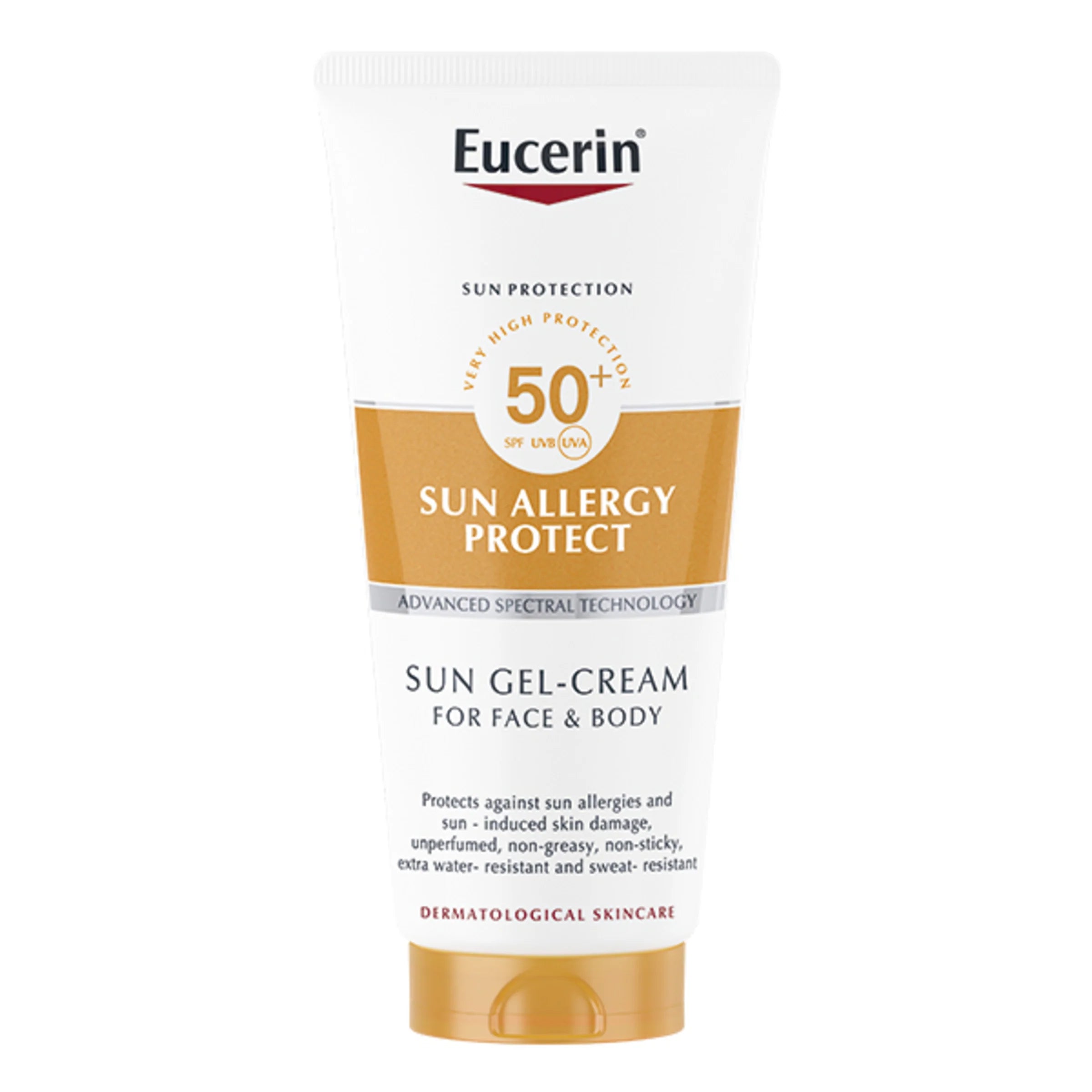 A tube of Eucerin Sun Allergy Protect Sun Gel-Cream SPF 50+ against a plain white background.
