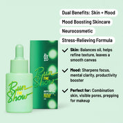 Run The Show Facial Oil bottle with matching box, shown alongside listed benefits such as mental focus, clarity, and productivity support.
