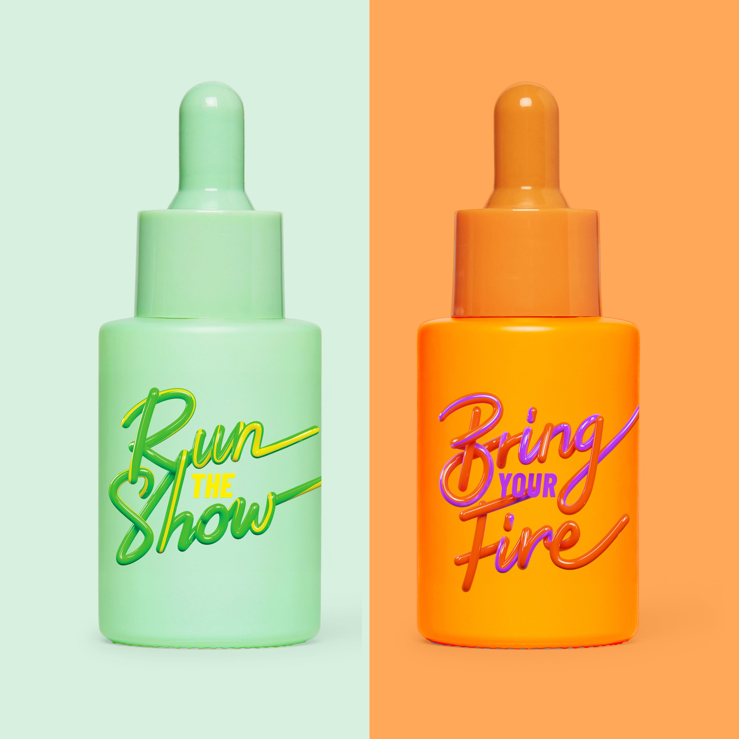 Bundle of HotChi Run The Show and Bring Your Fire facial oils, featuring two glass bottles side by side with golden skincare oils.