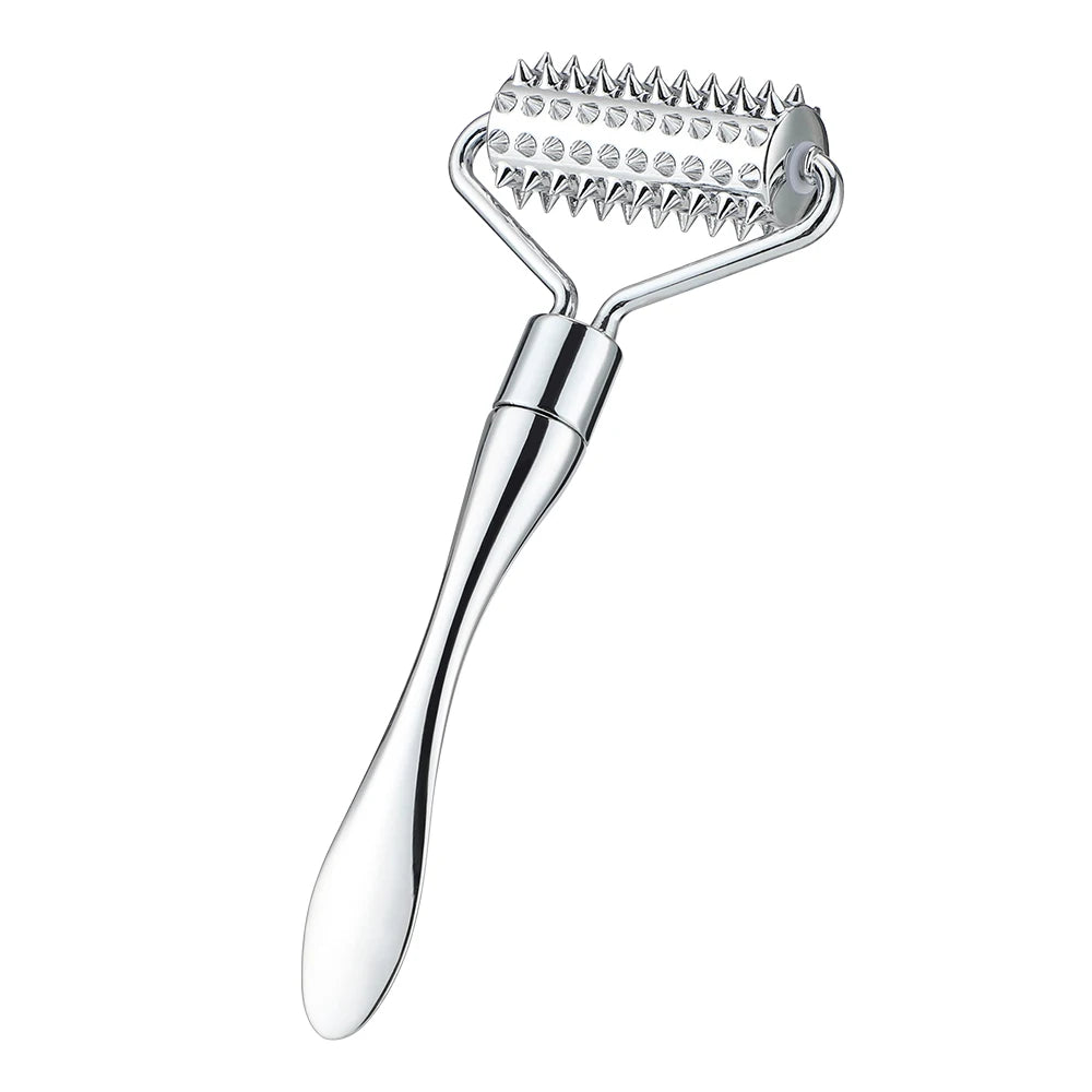 Black spiked derma roller with ergonomic handle, shown in a clean product shoot setting for targeted skincare treatments.