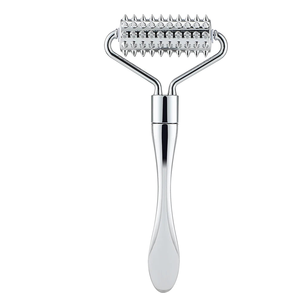 Stainless steel derma roller with fine microneedling spikes, designed to stimulate collagen and improve skin texture.
