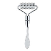 Stainless steel derma roller with fine microneedling spikes, designed to stimulate collagen and improve skin texture.