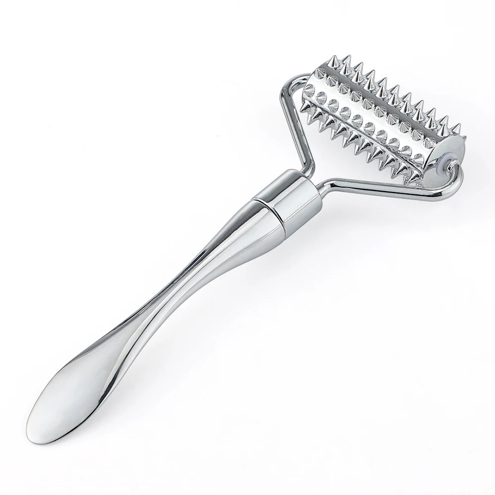 Textured gold derma roller with stainless steel spikes, used for boosting blood flow and refining skin appearance.