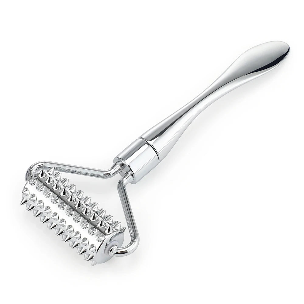 Silver facial roller with micro-spikes, captured at an angle to showcase its precision-engineered design for facial firming.
