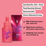Shake It Up Facial Oil bottle with its box, accompanied by key benefits such as confidence boost, skin revitalisation, and energising effects.