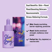 Slay All Day Facial Oil bottle placed next to its box, with visible benefits like emotional strength, resilience, and skin nourishment.