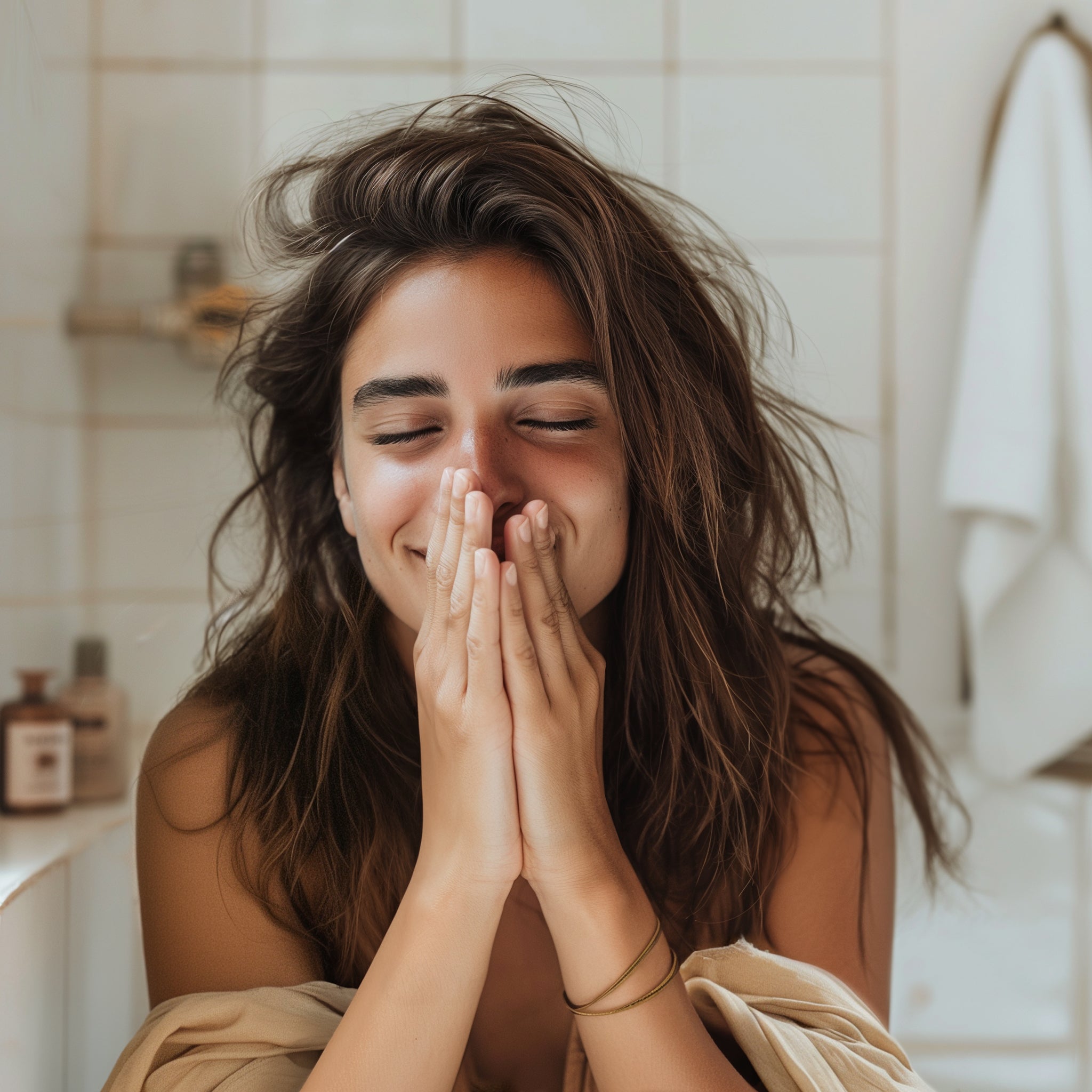 Woman in the bathroom inhaling our Mood Boosting Facial Oil