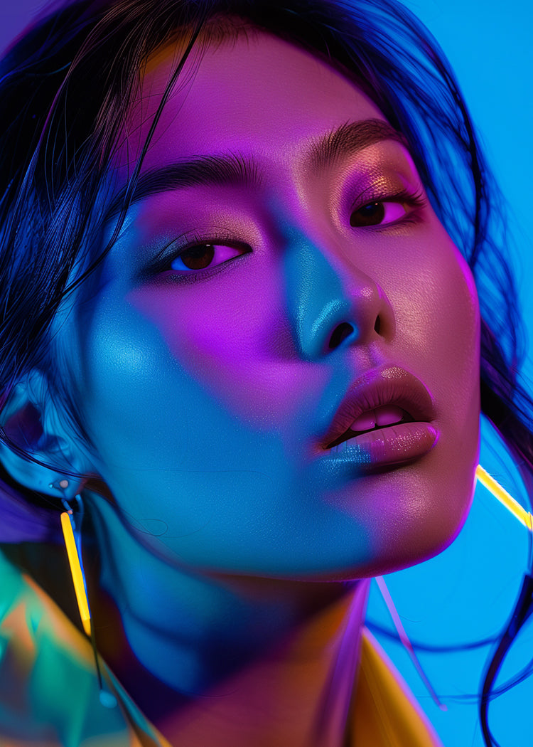 Woman using HotChi Facial Oils with a blue background