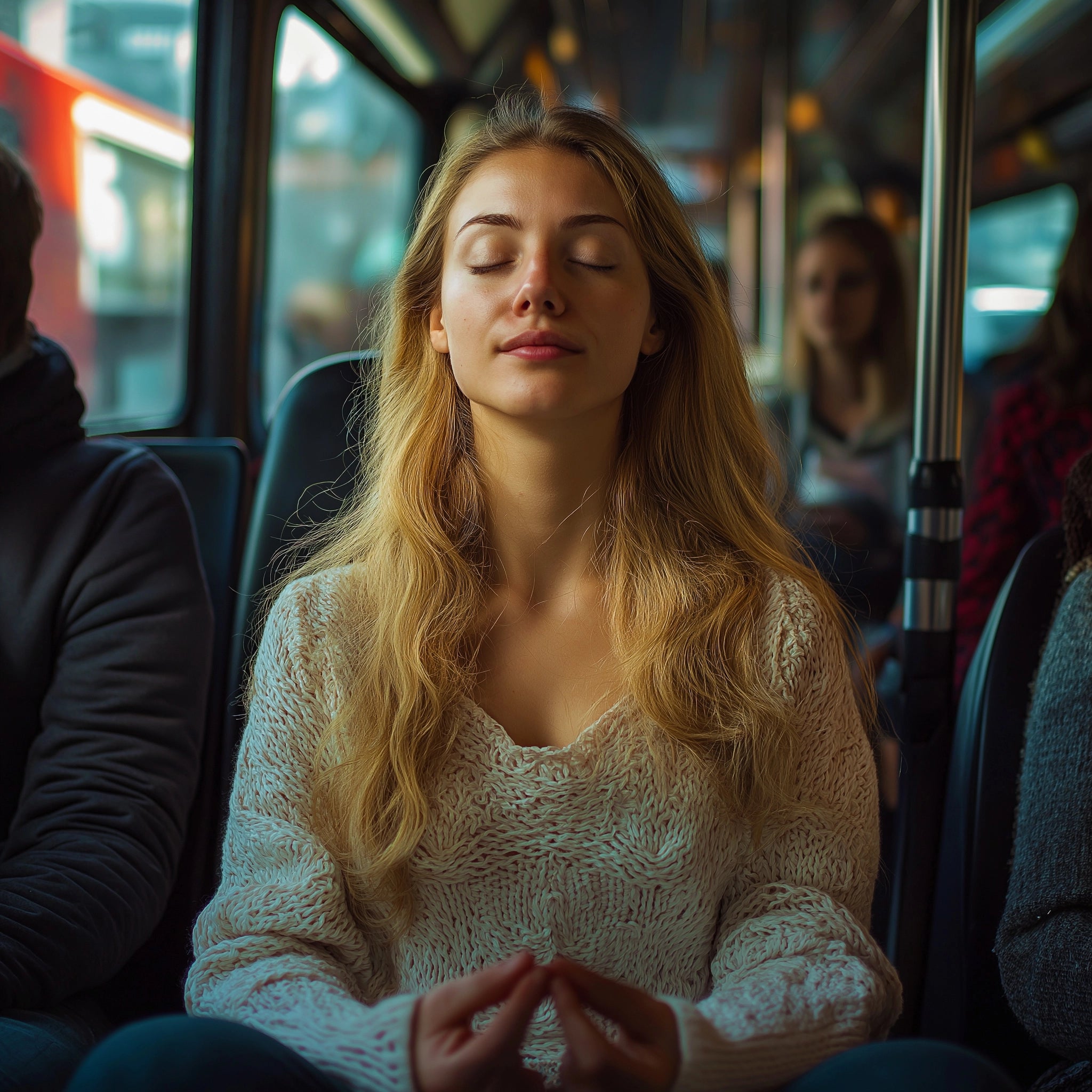 Girl meditation on a bus with her eyes closed