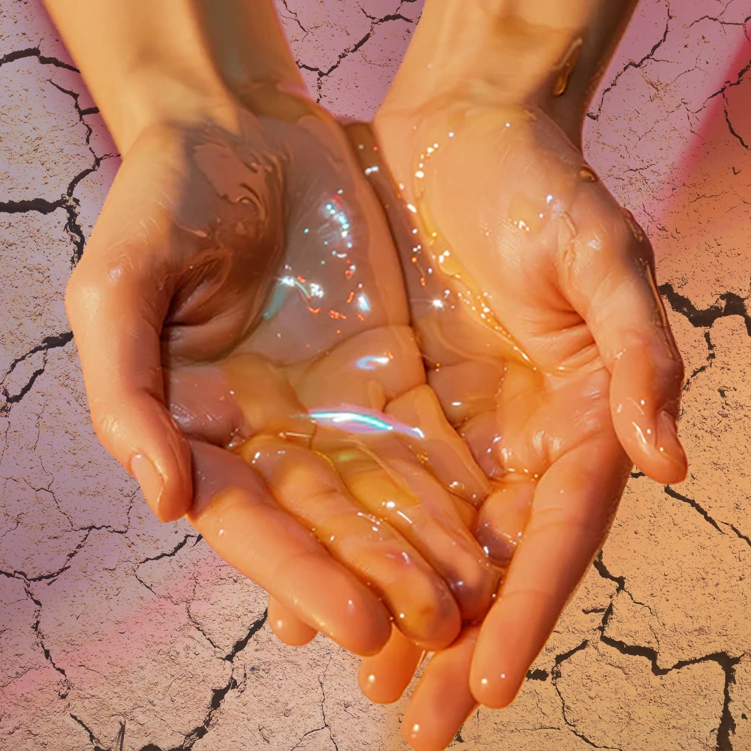 Hands holding HotChi facial oils with a visible dry skin texture at the top of the image, illustrating the contrast between dryness and nourishing skincare solutions.